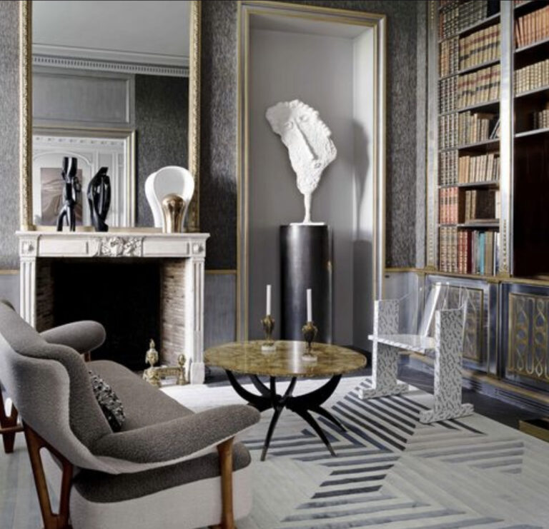 gray white and gold interior decor representing the dark academia design trend in Cincinnati