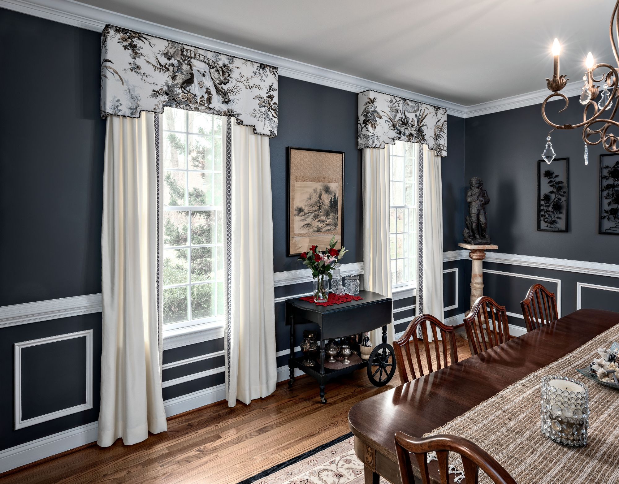 stylized window treatments in a dining room