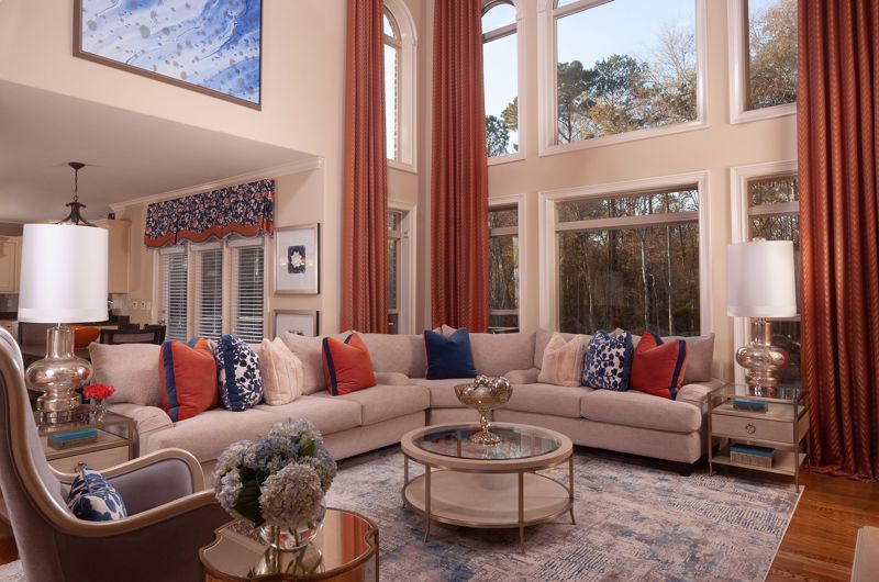 Expansive living room area with pops of color