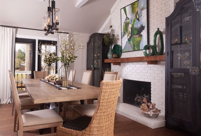 Dining area with a fireplace and decor