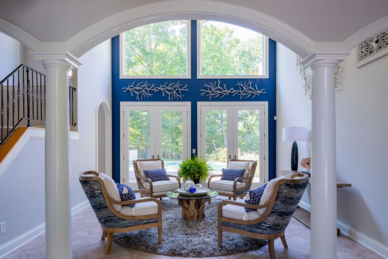 Seating area accentuated with blue decor