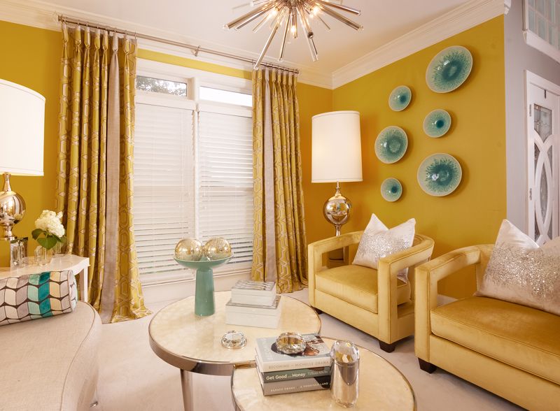 Yellow room interior decorating with jade green accents