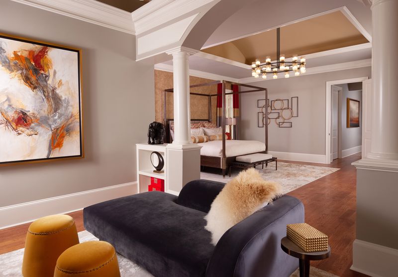 black velvet divan in luxurious lounge and bedroom interior design