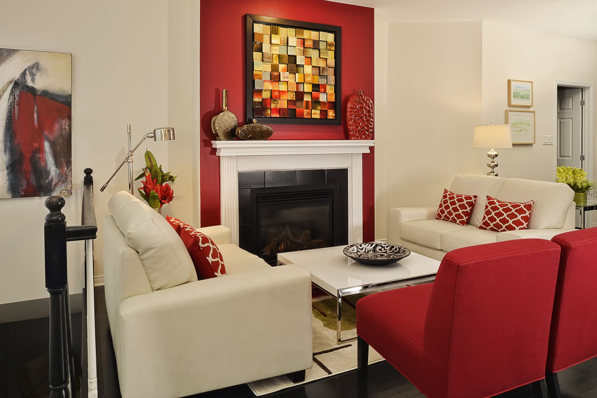 fireplace lounge with red and white furniture interior decoration