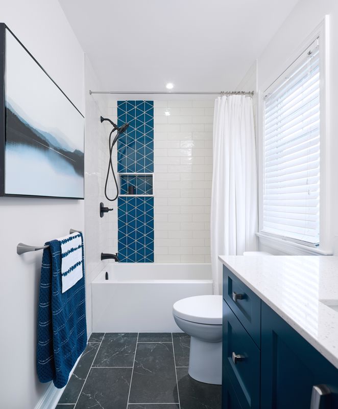 deep blue and white bathroom interior design in cincinnati