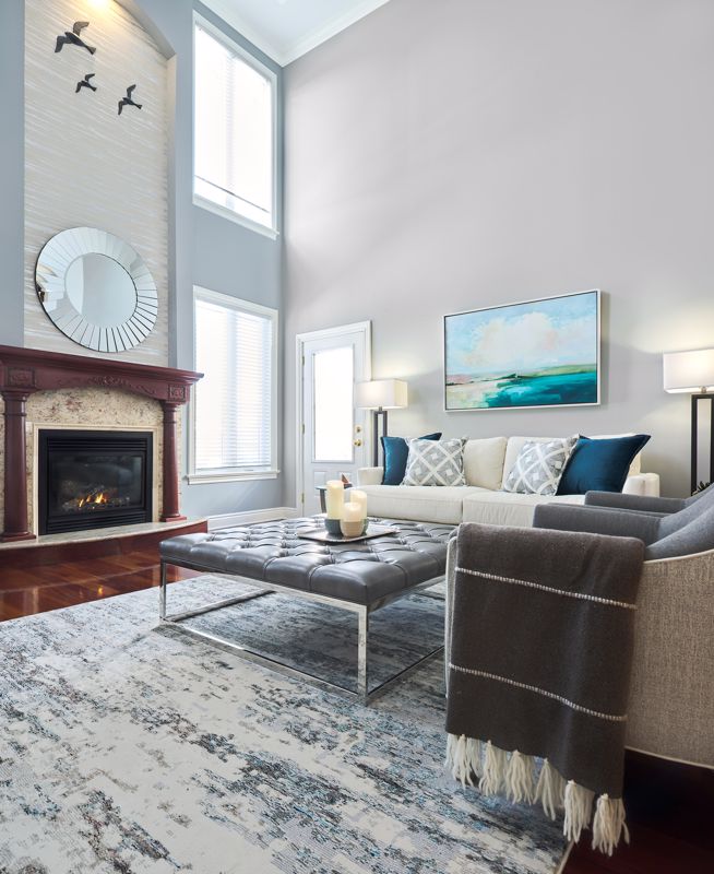 white blue and gray color palette for best living room interior design in Cincinnati OH