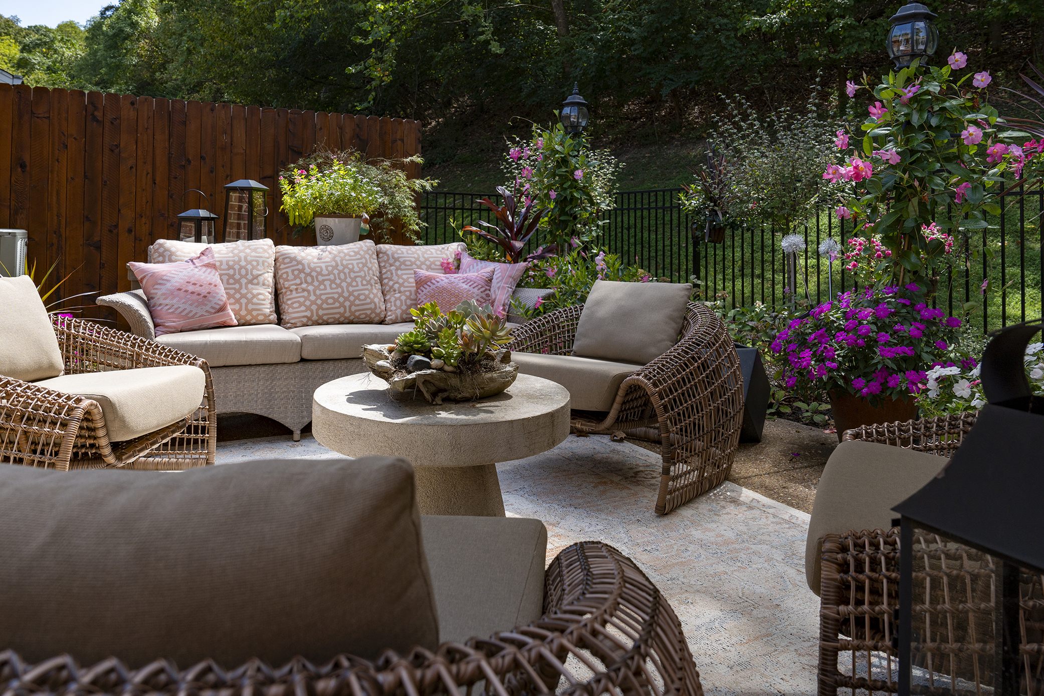 Floral outdoor design plan and wicker furniture by Erika Lee.