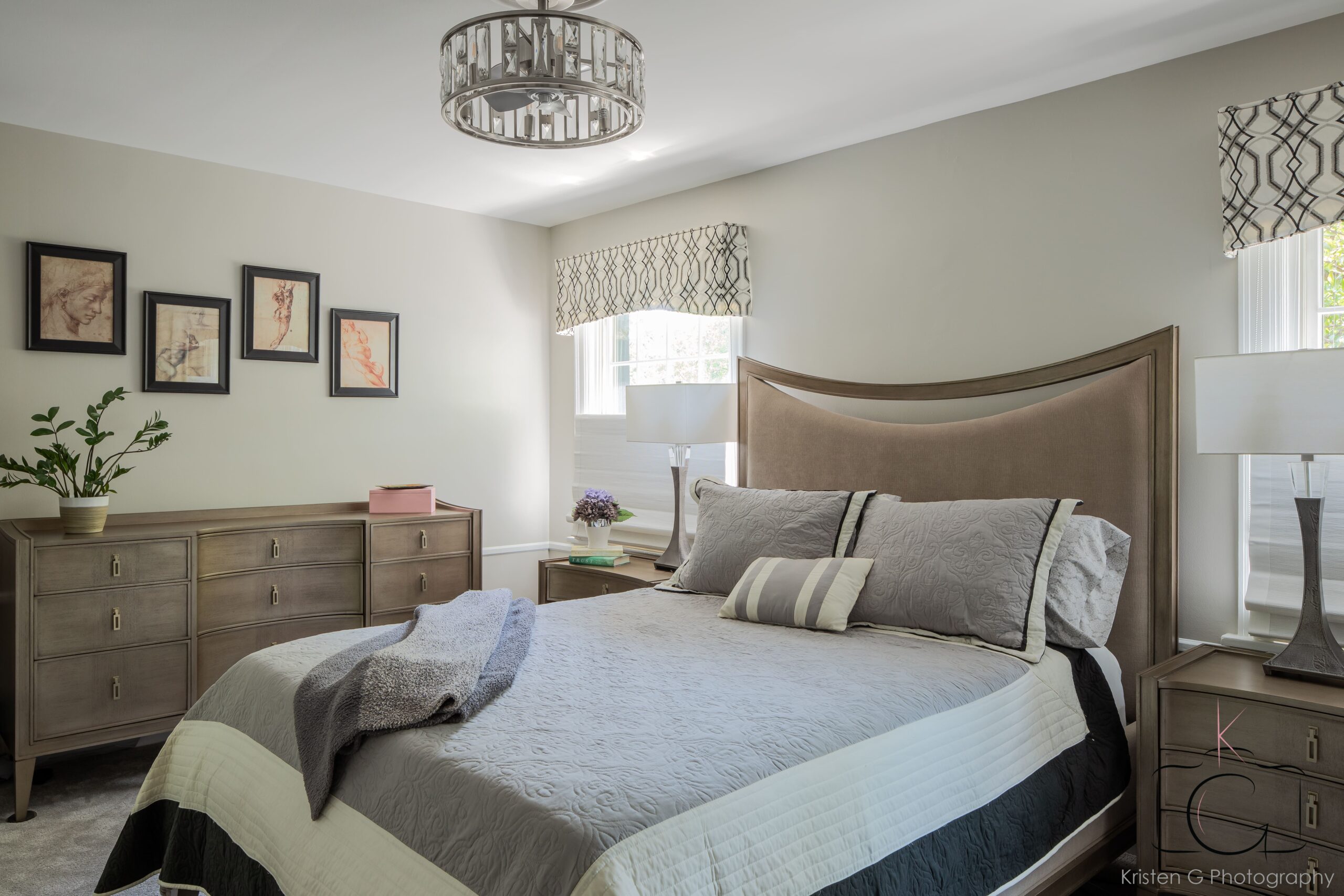 Master bedroom interior design with beige tones by Erika Lee.