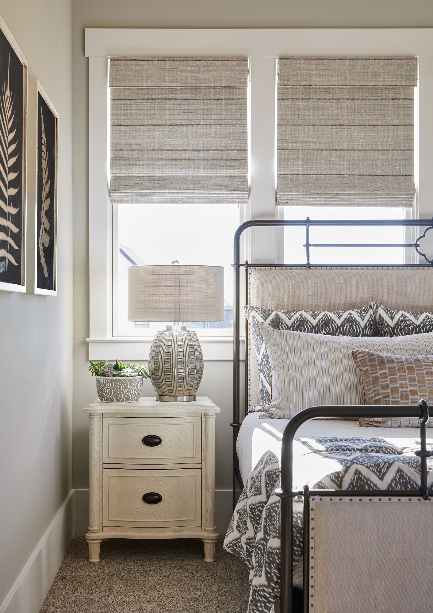 Modern farmhouse with custom window treatments and bedding in Morrow, OH.