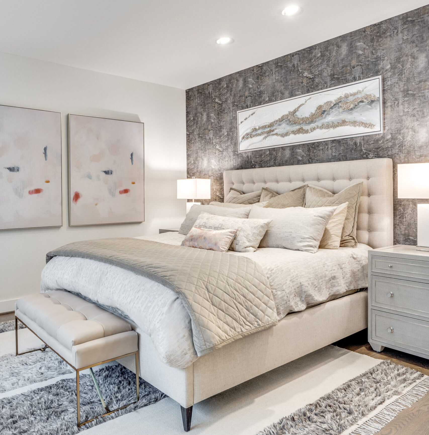 Bedroom with Gray Wallpaper Accent Wall