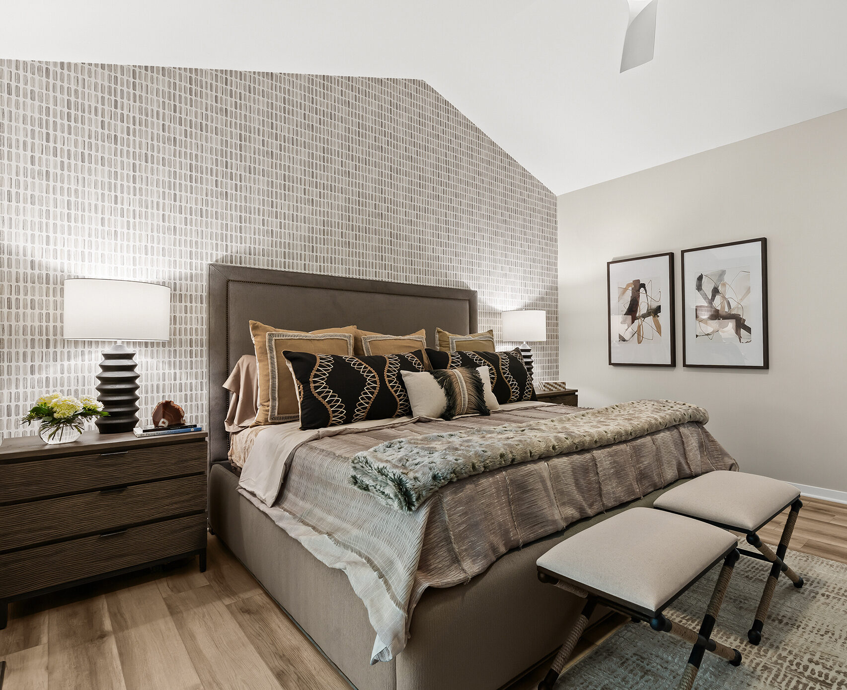 Bedroom with Wallpaper and Custom Bedding Set